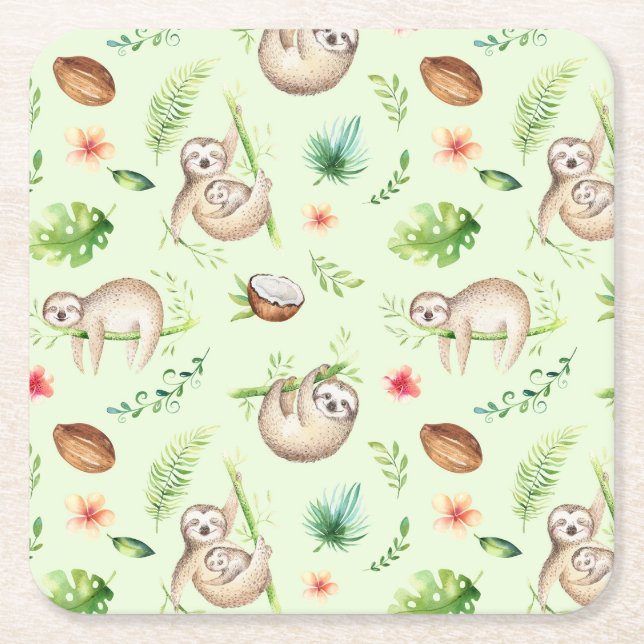 Tropical Coconut Sloth Pattern Square Paper Coaster (Front)