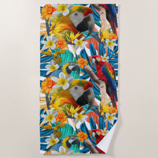 Tropical Collage Parrot Macaw Colourful Botanical Beach Towel
