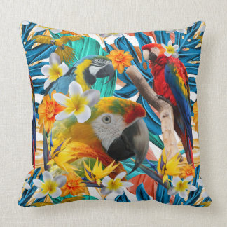 Tropical Collage Parrot Macaw Colourful Botanical Cushion