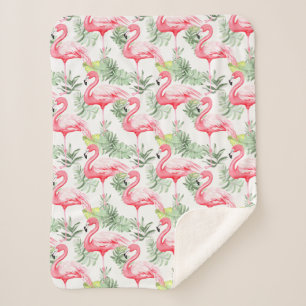 Tropical Colorful Flamingo and Leaves Sherpa Blanket