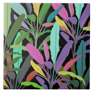 Tropical Colourful Banana Leaves Black Pattern Tile