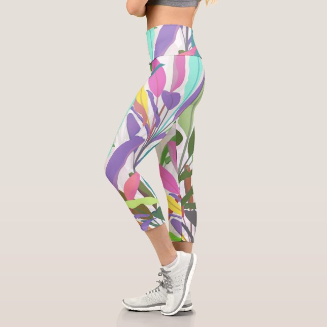 Tropical colourful banana leaves white Pattern Capri Leggings (Left)