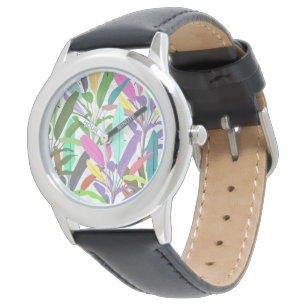 Tropical Colourful Banana Leaves White Pattern Watch