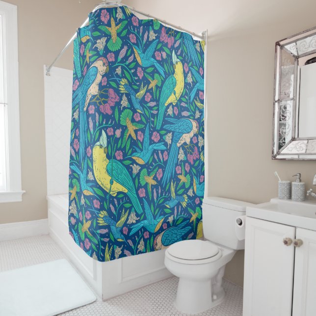 Tropical Colourful Birds & Flowers Pattern Shower Curtain (In Situ)