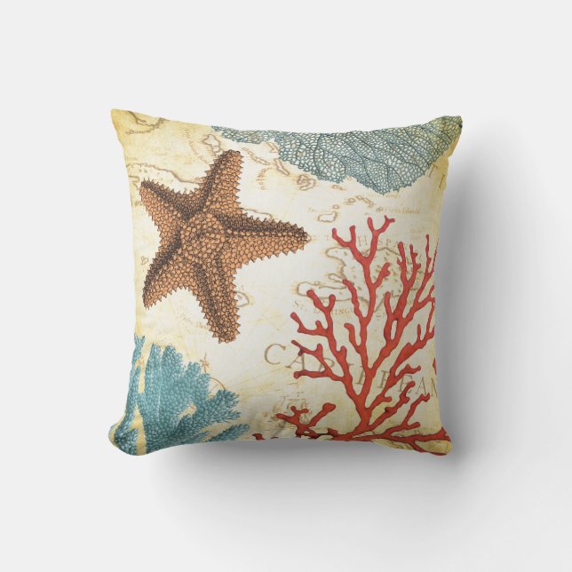 Tropical Colourful Caribbean Starfish and Coral Cushion (Front)
