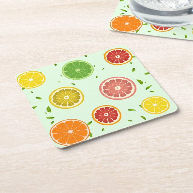 Tropical colourful Citrus SUMMER Orange lemon Slic Square Paper Coaster (Angled)