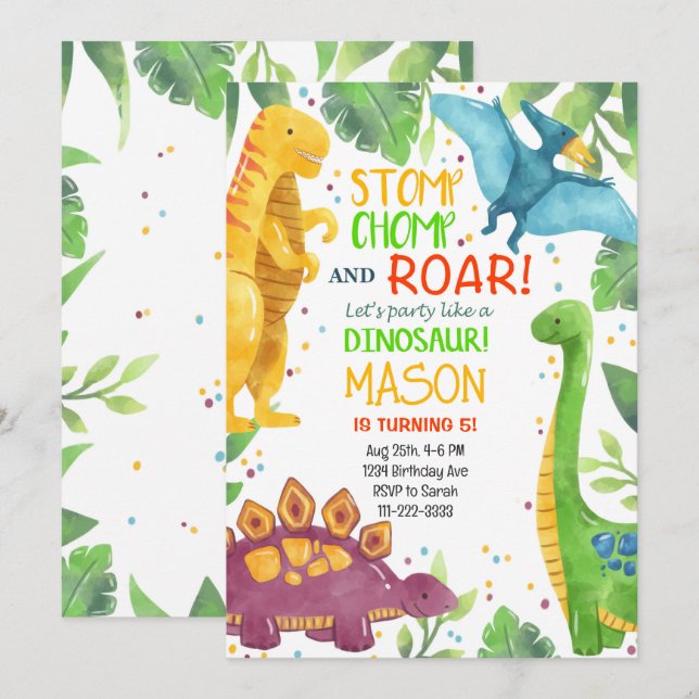 Tropical Colourful Dinosaurs Birthday Invitation (Front/Back)