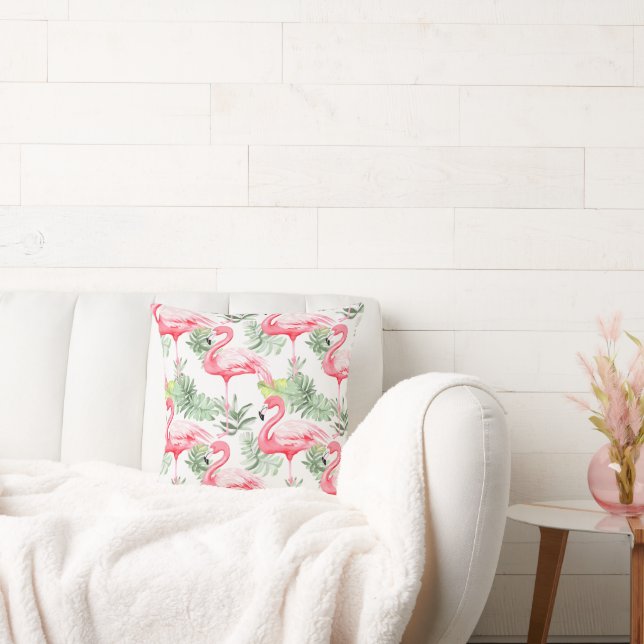 Tropical Colourful Flamingo and Leaves Pattern Cushion (Couch)