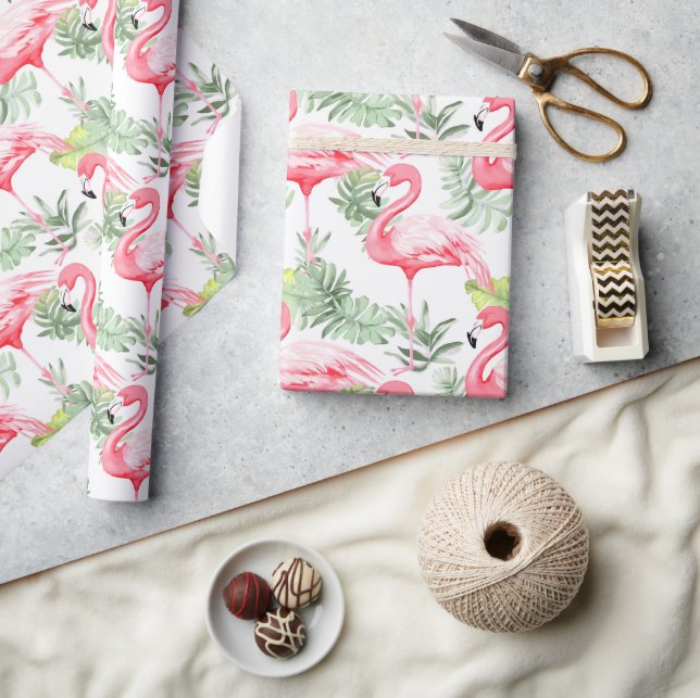 Tropical Colourful Flamingo and Leaves Pattern Wrapping Paper (Crafts)