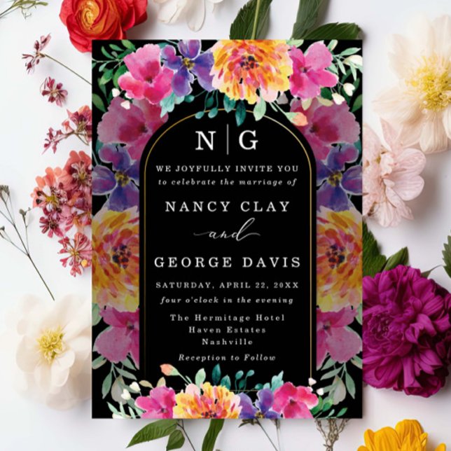 Tropical Colourful Floral Monogram Black Wedding Invitation (Creator Uploaded)