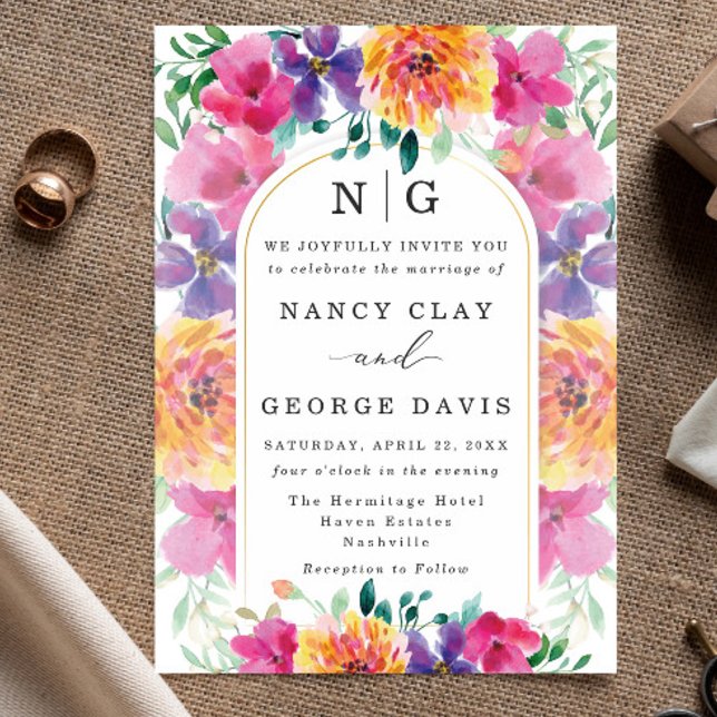 Tropical Colourful Floral Monogram Wedding Invitation (Creator Uploaded)