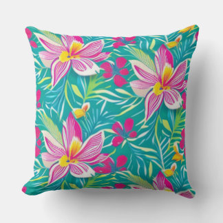 Tropical Colourful Florals Teal, Pink, Yellow Cushion