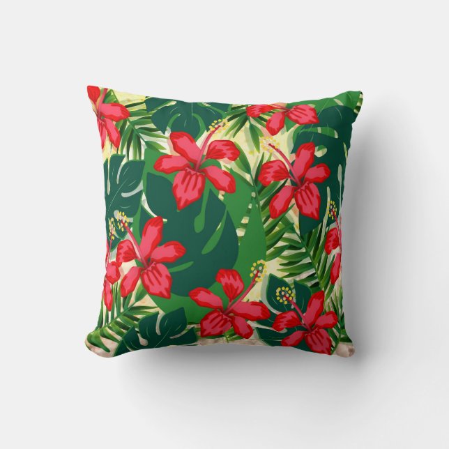 Tropical colourful jungle hibiscus red and green cushion (Front)