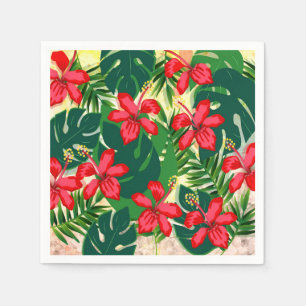 Tropical colourful jungle hibiscus red and green napkin