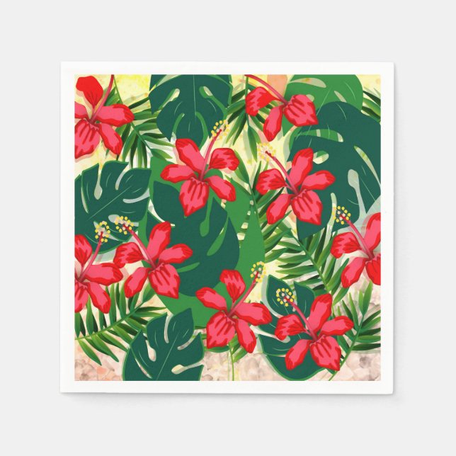 Tropical colourful jungle hibiscus red and green napkin (Front)