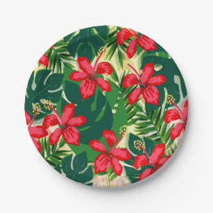 Tropical colourful jungle hibiscus red and green paper plate