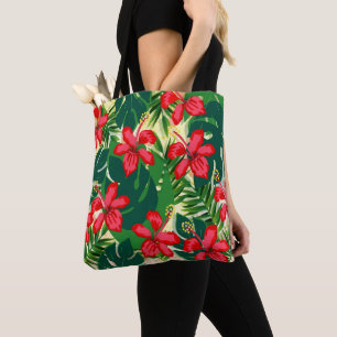 Tropical colourful jungle hibiscus red and green tote bag