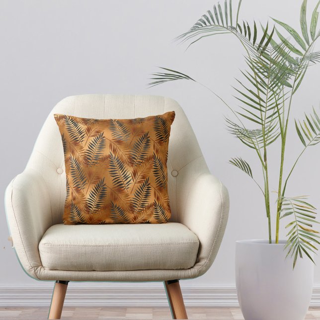 Tropical Copper Grey Palm Leaves Cushion (Creator Uploaded)