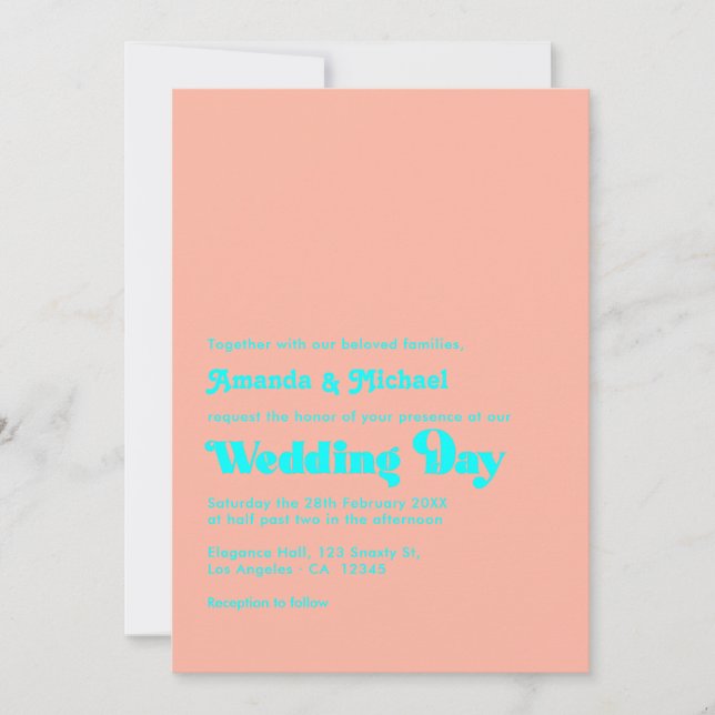 Tropical Coral and Aqua Typography Wedding Invitation (Front)