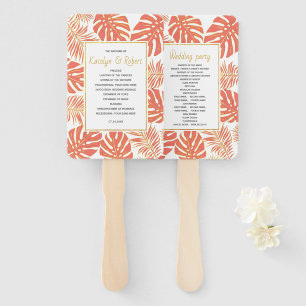 Tropical coral and gold leaves wedding program hand fan