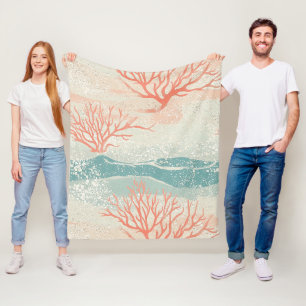 Tropical Coral Branches in Peach and Aqua Blue Fleece Blanket