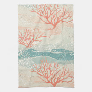 Tropical Coral Branches in Peach and Aqua Blue Tea Towel