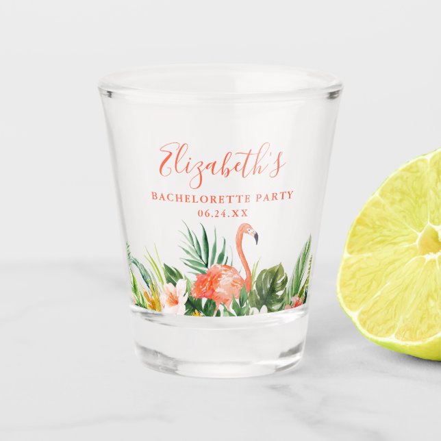 Tropical Coral Floral Bachelorette Party Shot Glass (Front)