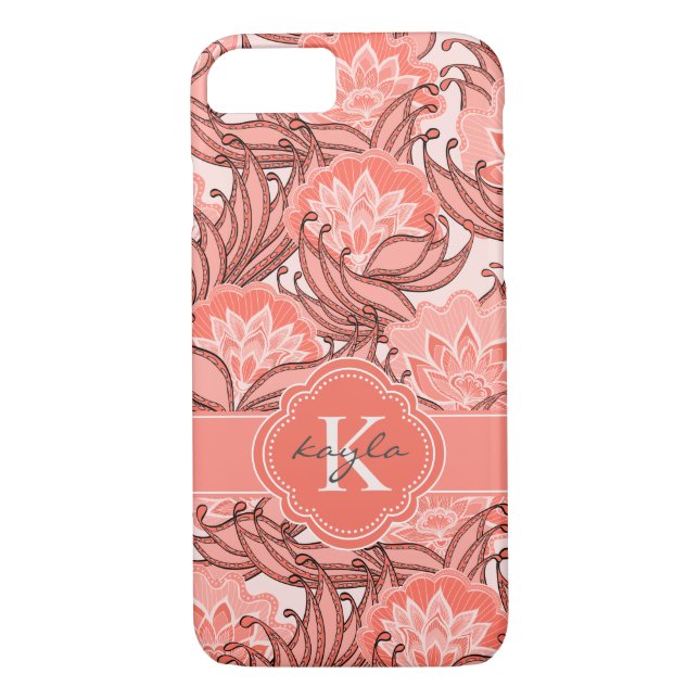 Tropical Coral Floral Pattern with Monogram Case-Mate iPhone Case (Back)