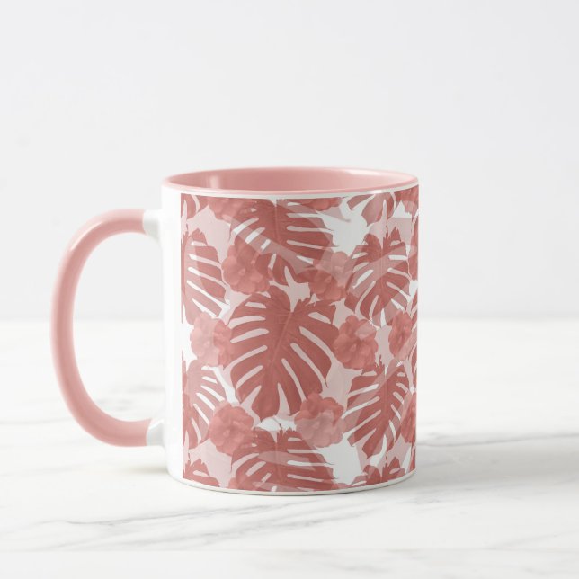 Tropical Coral Monstera Palm Leaves Pattern Mug (Left)