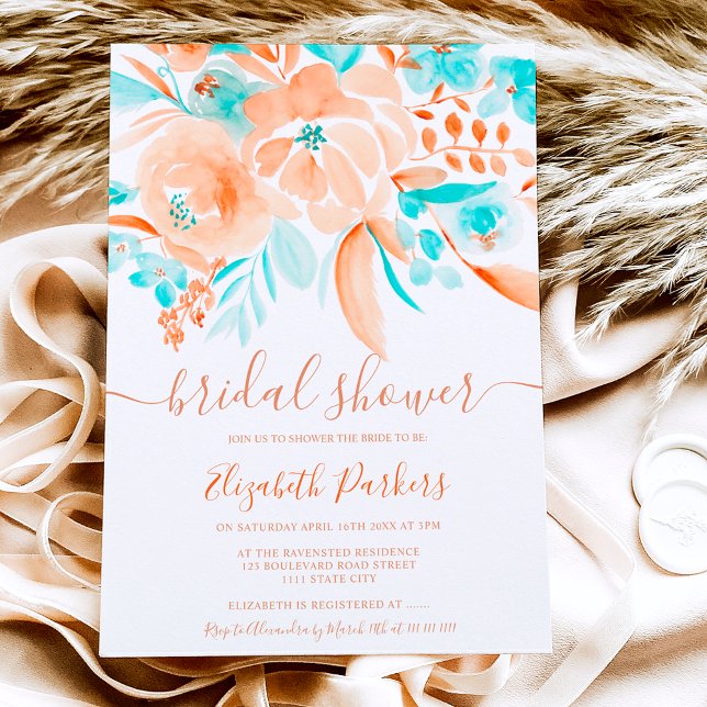 tropical coral orange teal floral bridal shower invitation (Creator Uploaded)
