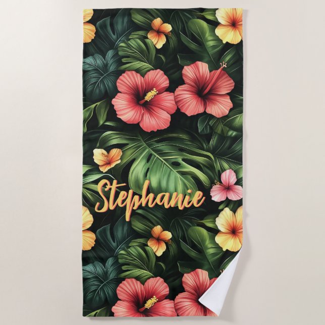 Tropical Coral Pink and Yellow Hibiscus Floral Beach Towel (Front)
