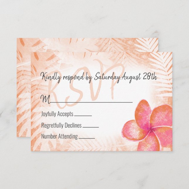Tropical Coral Pink Plumeria RSVP Enclosure Card (Front/Back)