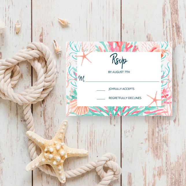 Tropical Coral Reef | Beach Seashells Wedding RSVP Card (Creator Uploaded)