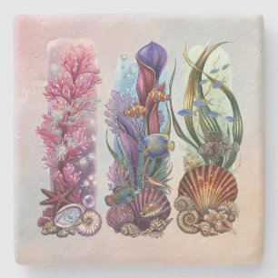 Tropical Coral Reef Marine Life Watercolor Art Stone Coaster