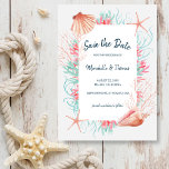 Tropical Coral Reef | Watercolor Beach Seashells Save The Date<br><div class="desc">Nautical, "Under the Sea" theme wedding Save the Date card features a watercolor coral reef and seashells (starfish, conch and scallop shells) in shades of aqua, navy blue, mint, coral, and pink. Coordinates with my "Tropical Reef" collection and is perfect for beach, ocean, nautical, coastal, summer and destination wedding themes....</div>