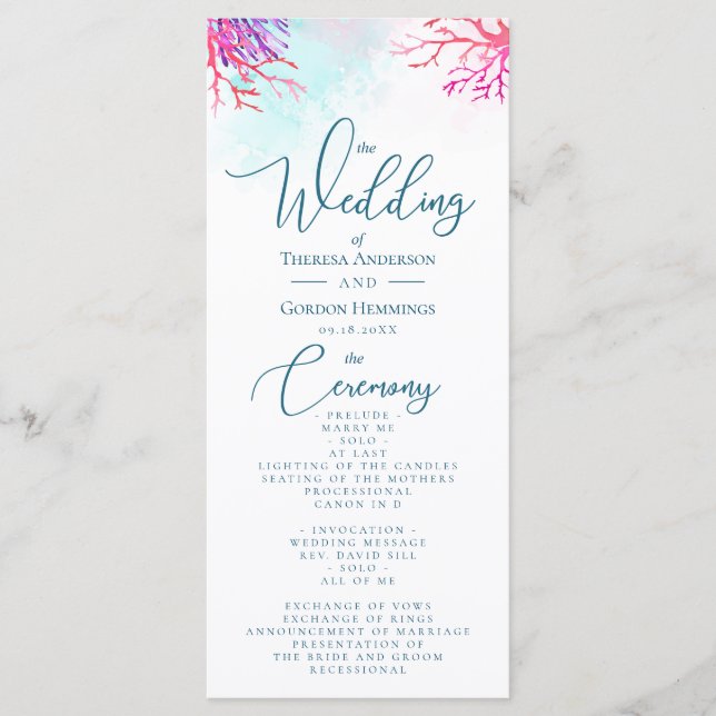 Tropical Coral Reef Wedding Programme (Front)