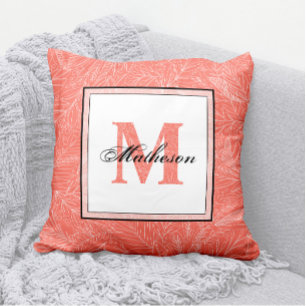 Tropical Coral & White Leaves Patterned Monogram Cushion