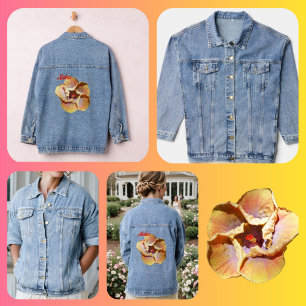 Tropical Coral Yellow Hibiscus Hawaiian Aloha Denim Jacket