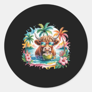 Tropical Cow Summer Vibes Funny Beach Girls Women Classic Round Sticker