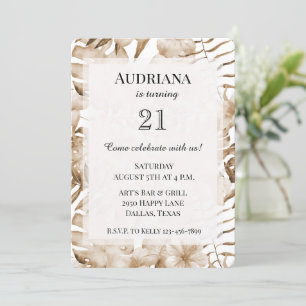 Tropical Cream Floral Leaves Birthday Invitation