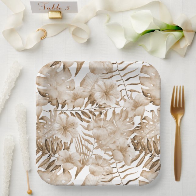 Tropical Cream Floral Leaves Bridal Shower Paper Plate (Wedding)