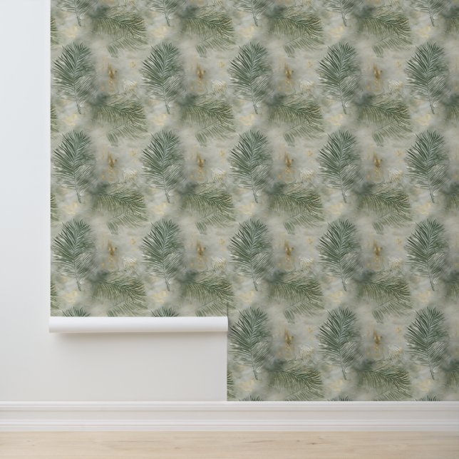 Tropical Cream Green Gold Leaves Wallpaper (Application)