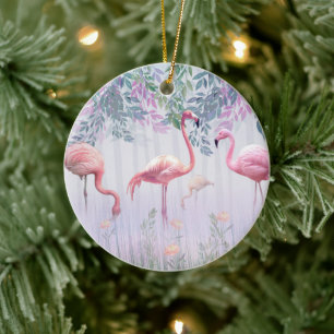 Tropical Cute Family Pink Flamingos Ceramic Tree Decoration