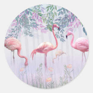 Tropical Cute Family Pink Flamingos Classic Round Sticker