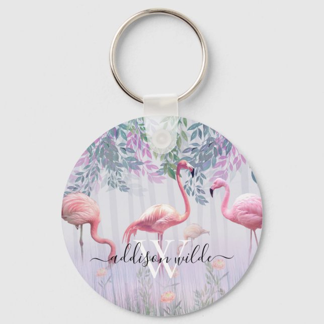 Tropical Cute Family Pink Flamingos  Watercolor.   Key Ring (Front)
