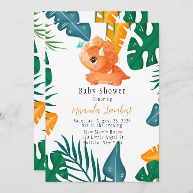 Tropical Cute Orange Dinosaur Baby Shower Invitation (Front/Back)