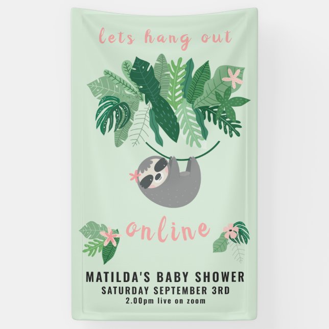 Tropical cute sloth hang out online baby shower banner (Vertical)