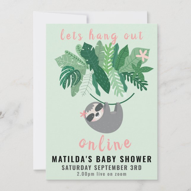 Tropical cute sloth hang out online baby shower invitation (Front)
