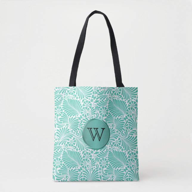 Tropical Damask Pattern with Monogram Tote Bag (Front)