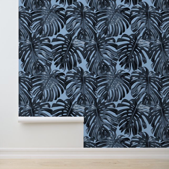 Tropical Dark Blue Black Jungle Leaves Wallpaper (Application)